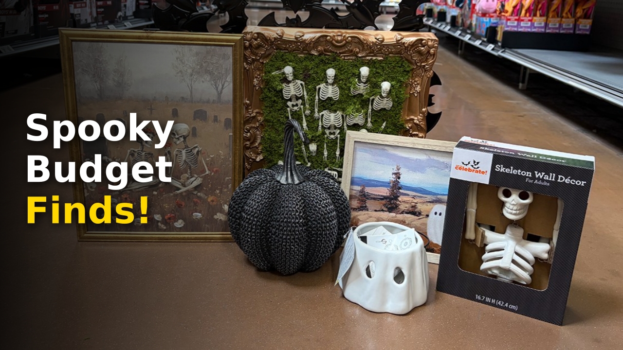 Affordable Walmart Halloween decorations on a rustic wood mantelpiece with glowing pumpkin lights