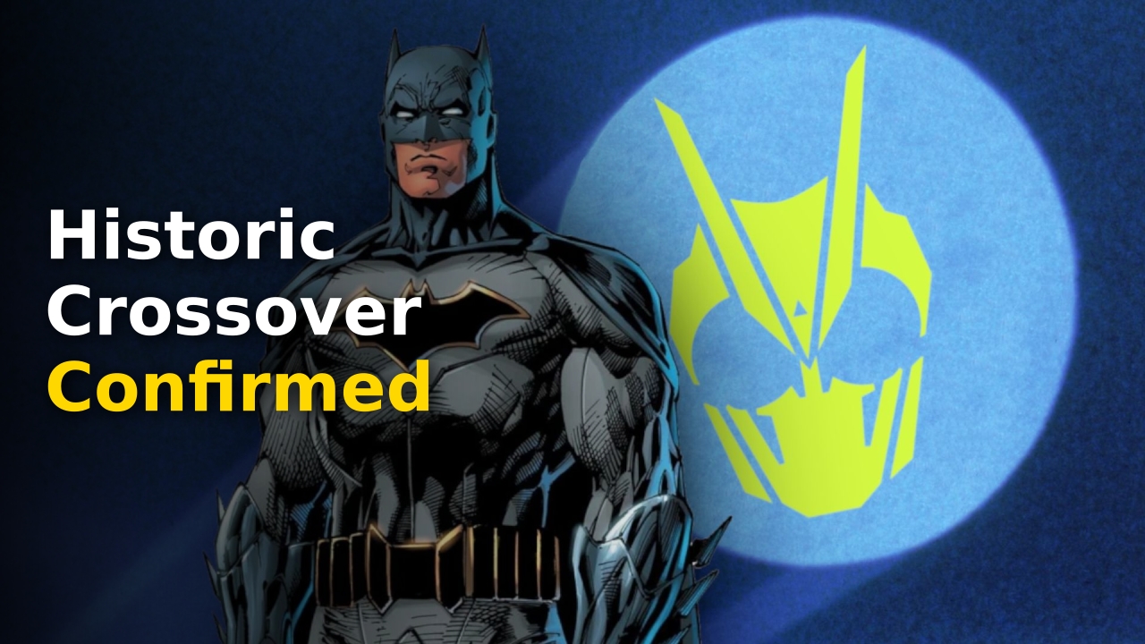 Batman Kamen Rider crossover official promotional banner with dramatic superhero silhouettes