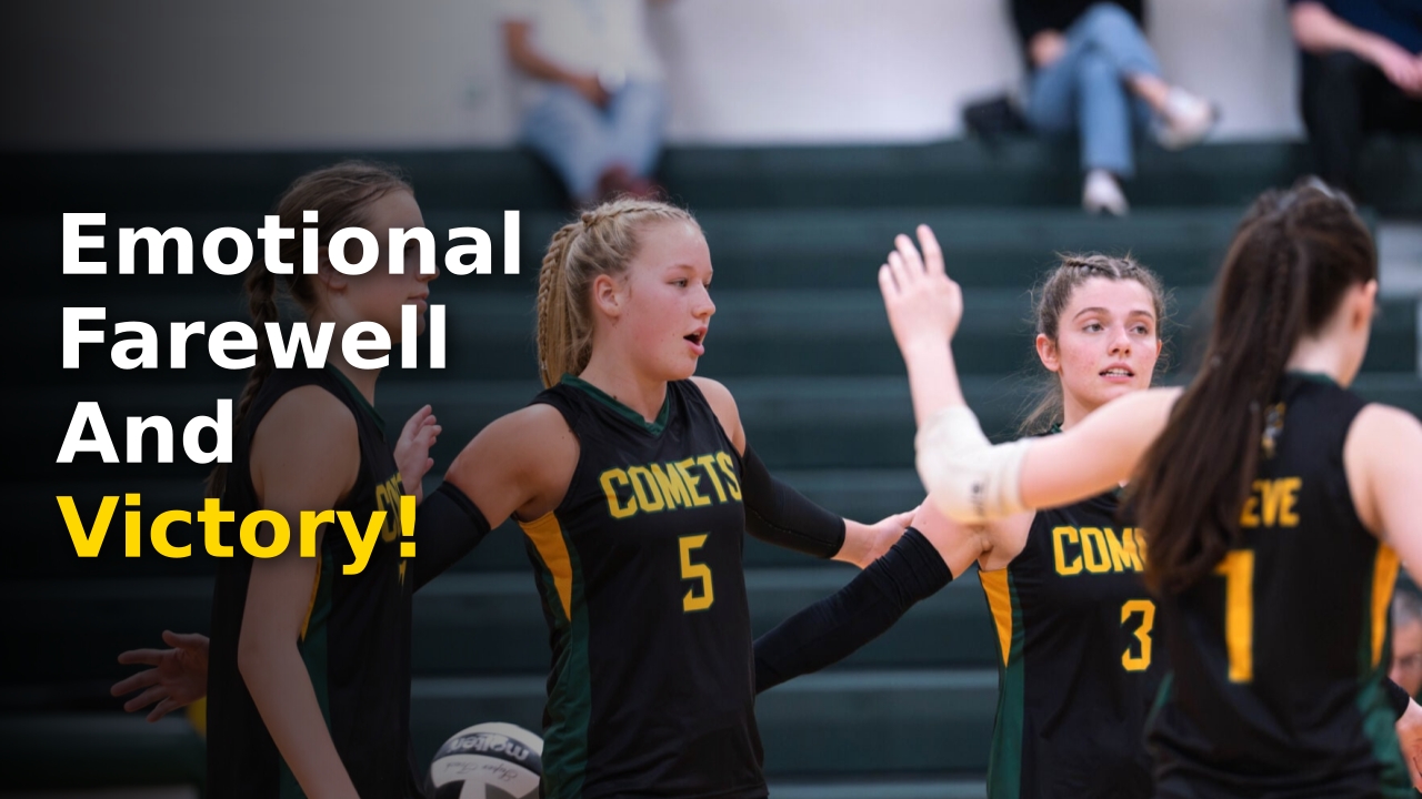 BFA-St. Albans Comets volleyball team celebrating their victory after the Keelyn Schwab farewell match