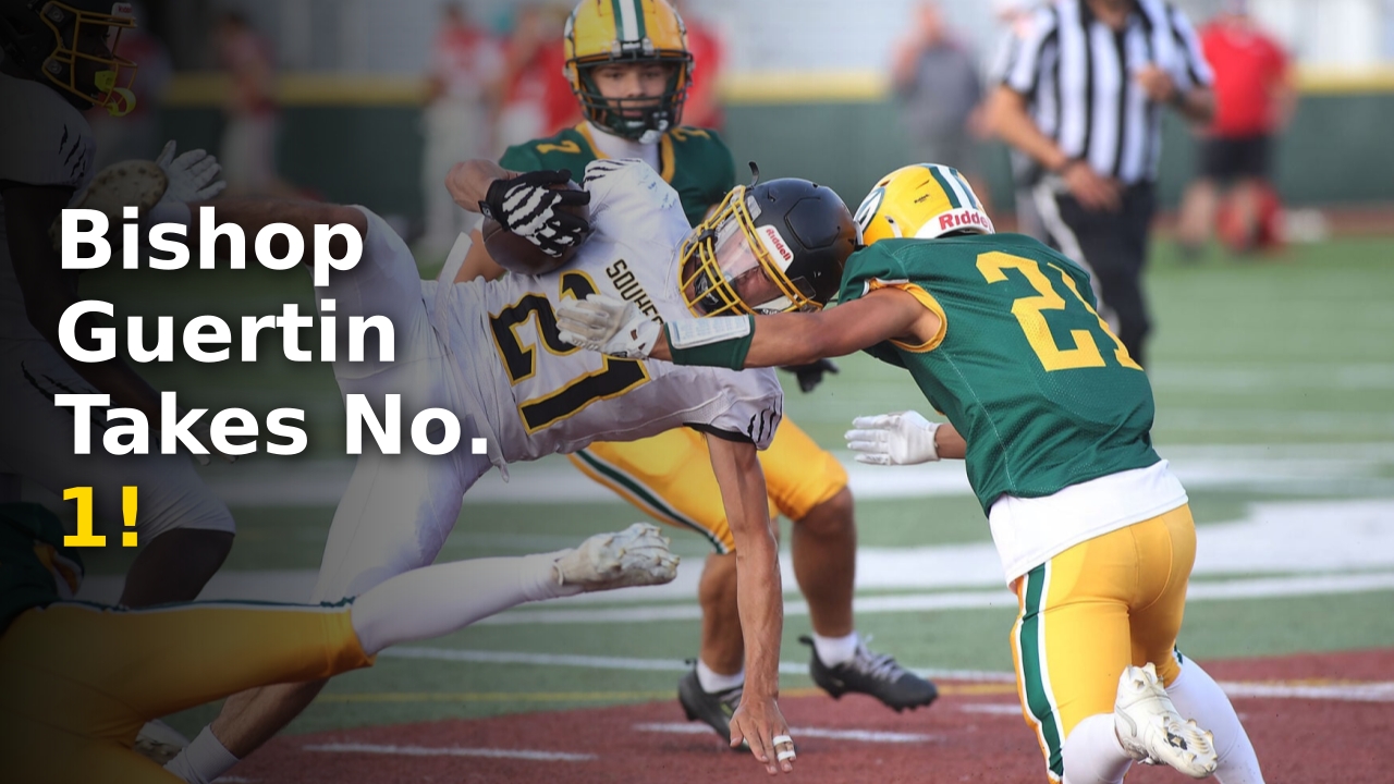 Bishop Guertin football helmet and logo on a high school football field