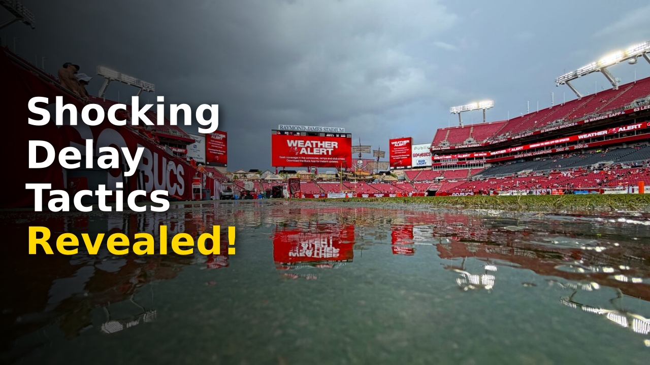 Browns rain delay 2026 at Raymond James Stadium showing the heavy rain on the field