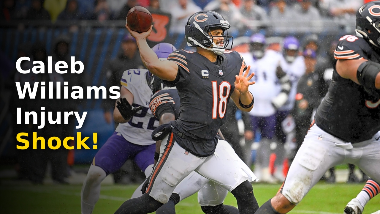 Caleb Williams injury update headline photo featuring the Bears quarterback