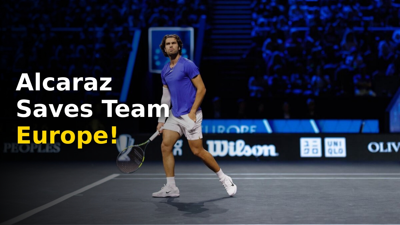 Carlos Alcaraz hitting a forehand at the O2 Arena during Laver Cup 2026 Results