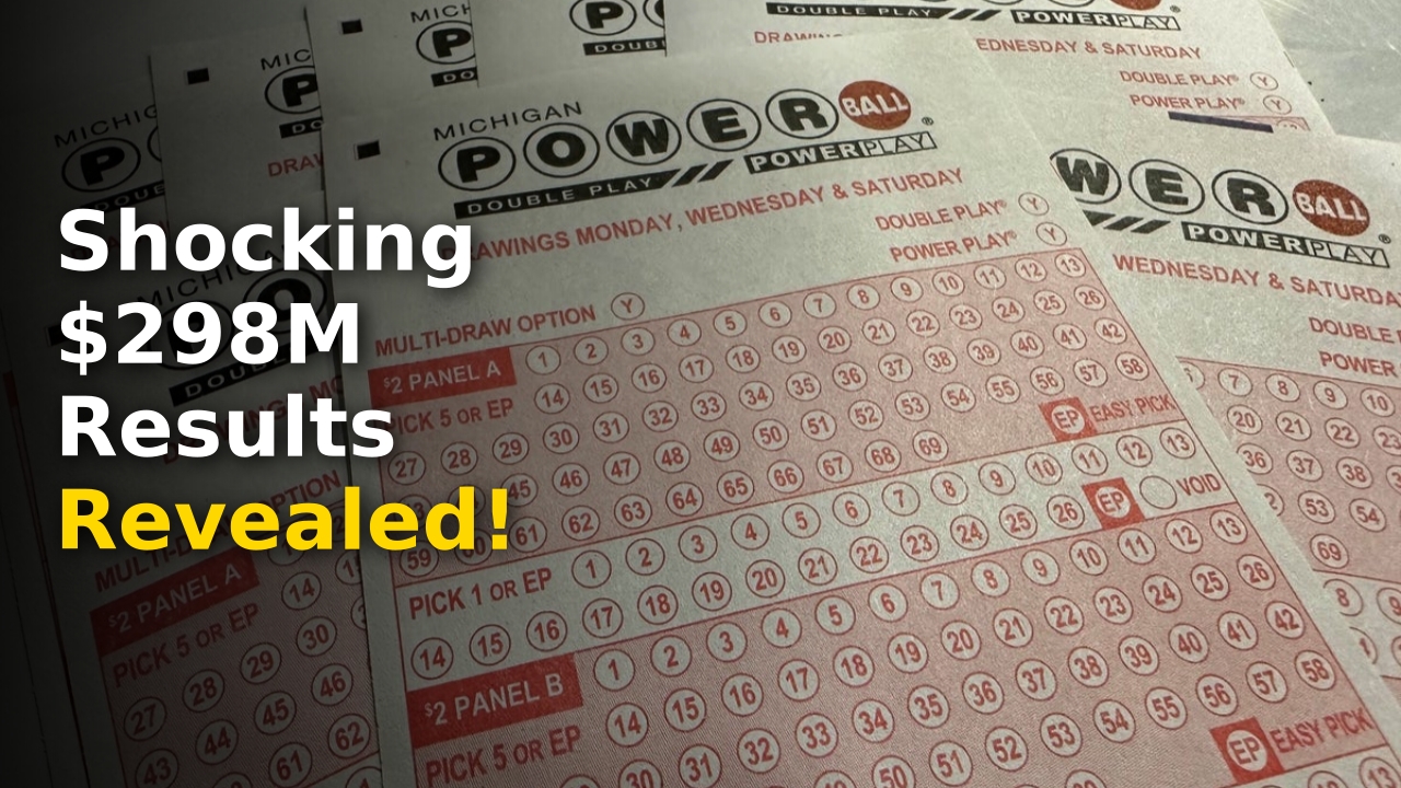Close up of Powerball winning numbers 2026 printed on a ticket with high jackpot figures