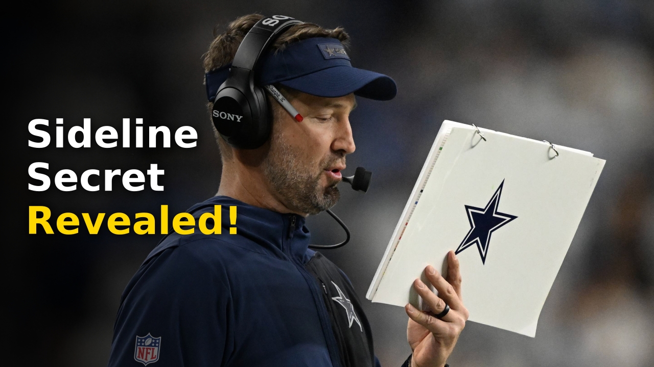 Dallas Cowboys coach Brian Schottenheimer holding pens during NFL game