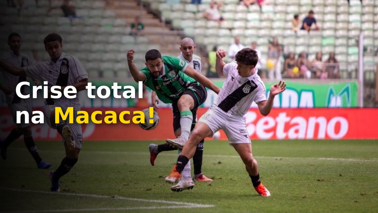 Escudo da Ponte Preta em fundo desfocado representando crise no futebol 2026