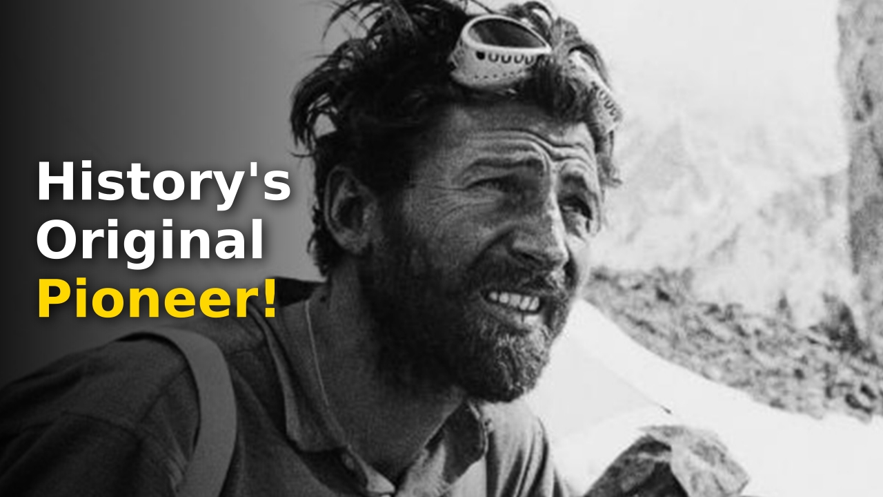 Hermann Buhl in his mountaineering gear on a snowy summit