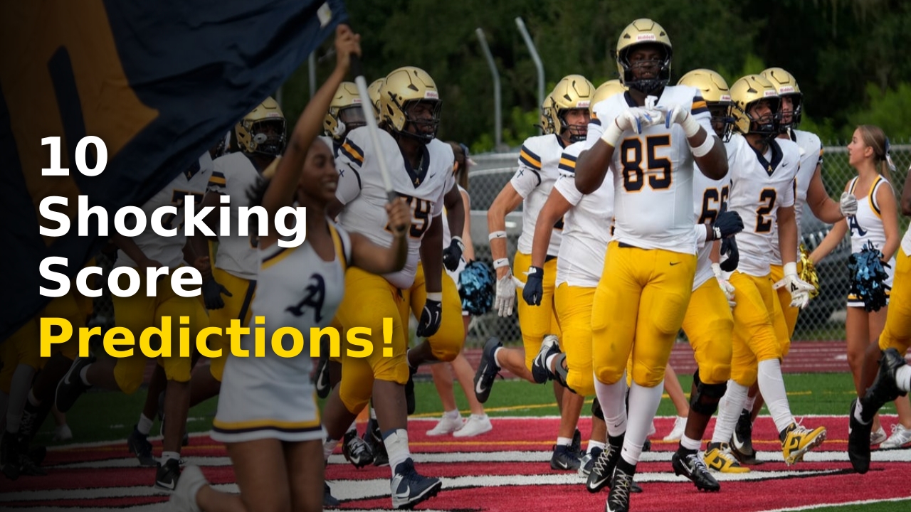 High school football predictions graphic featuring top players from St. Thomas Aquinas and DeSoto