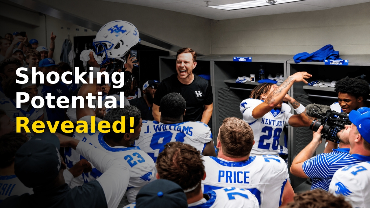 Kentucky football players celebrating a big win on the field in 2026