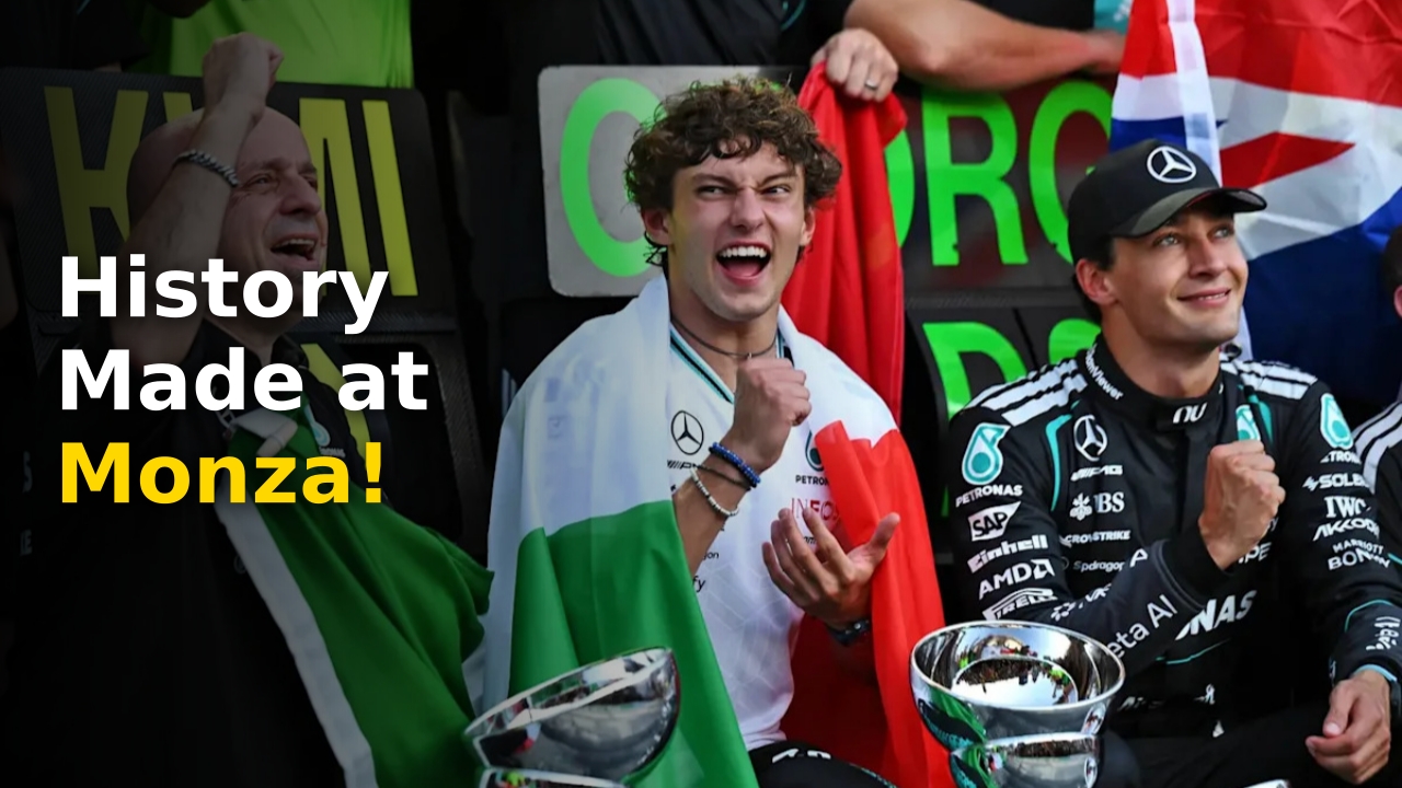 Kimi Antonelli holding his trophy after the historic Italian GP win