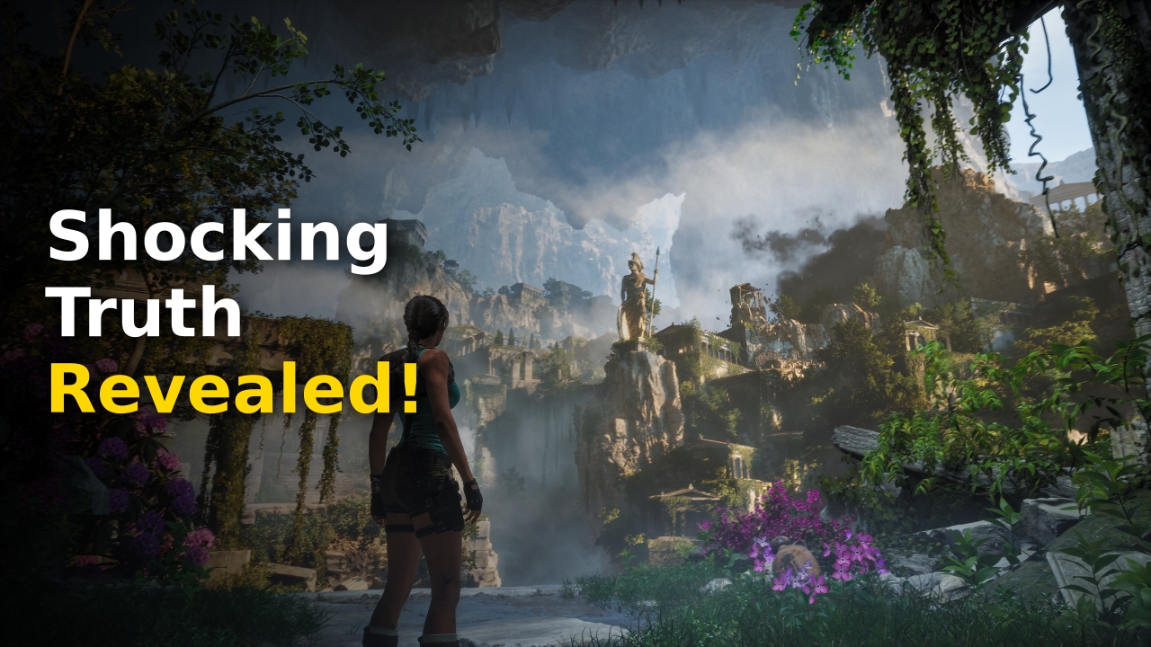 Lara Croft looking at ancient Greek columns in the reimagined Tomb Raider: Legacy of Atlantis