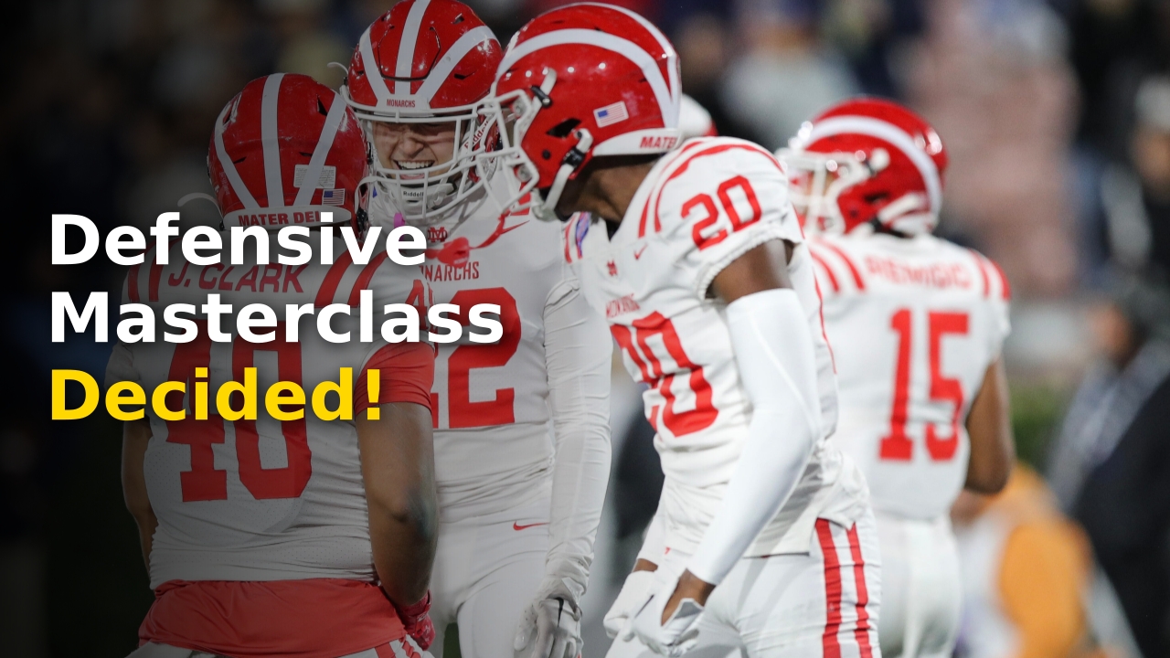 Mater Dei vs Centennial players colliding at the line of scrimmage in a tense defensive struggle