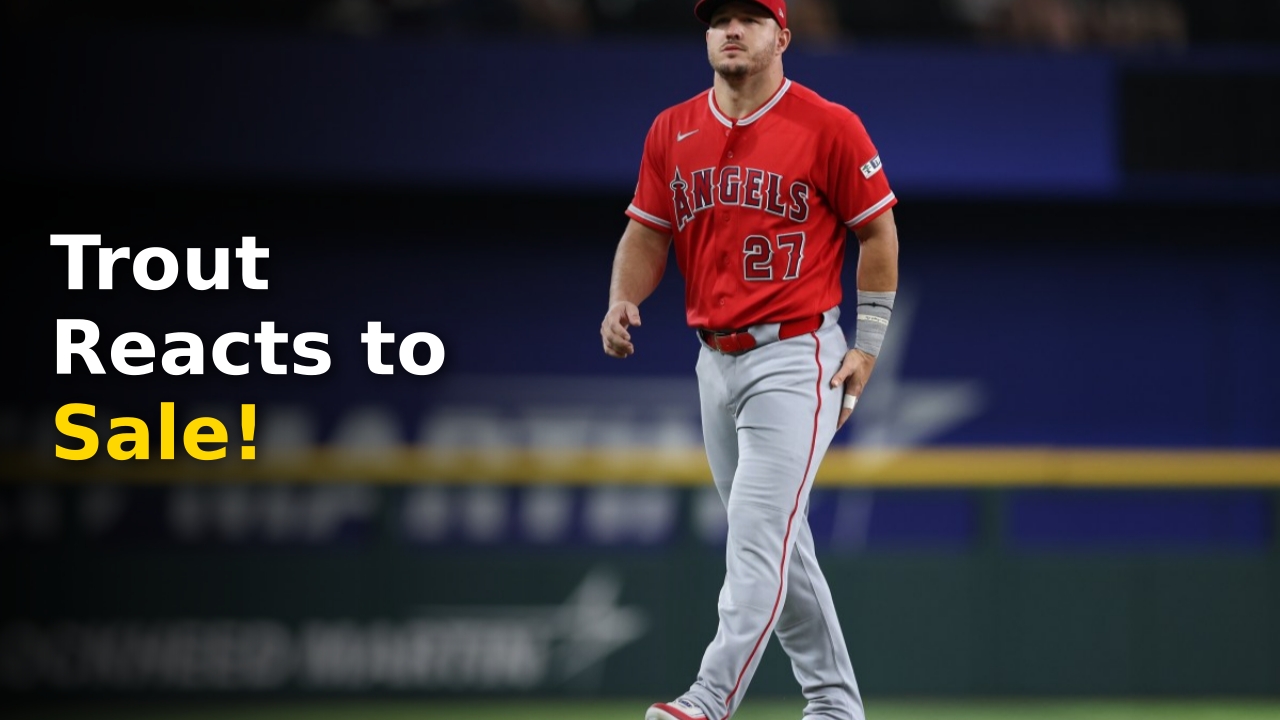 Mike Trout smiling in an Angels uniform during spring training