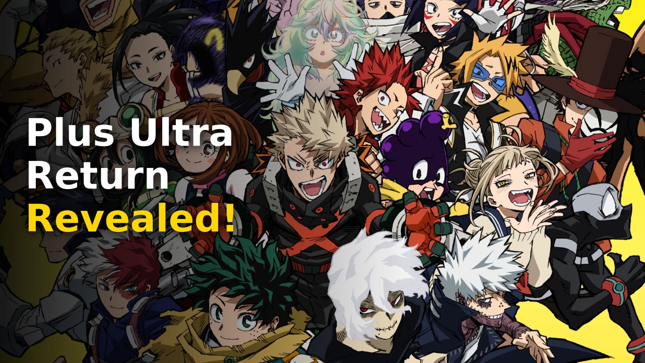 My Hero Academia 10th Anniversary celebration banner featuring the main cast of U.A. High