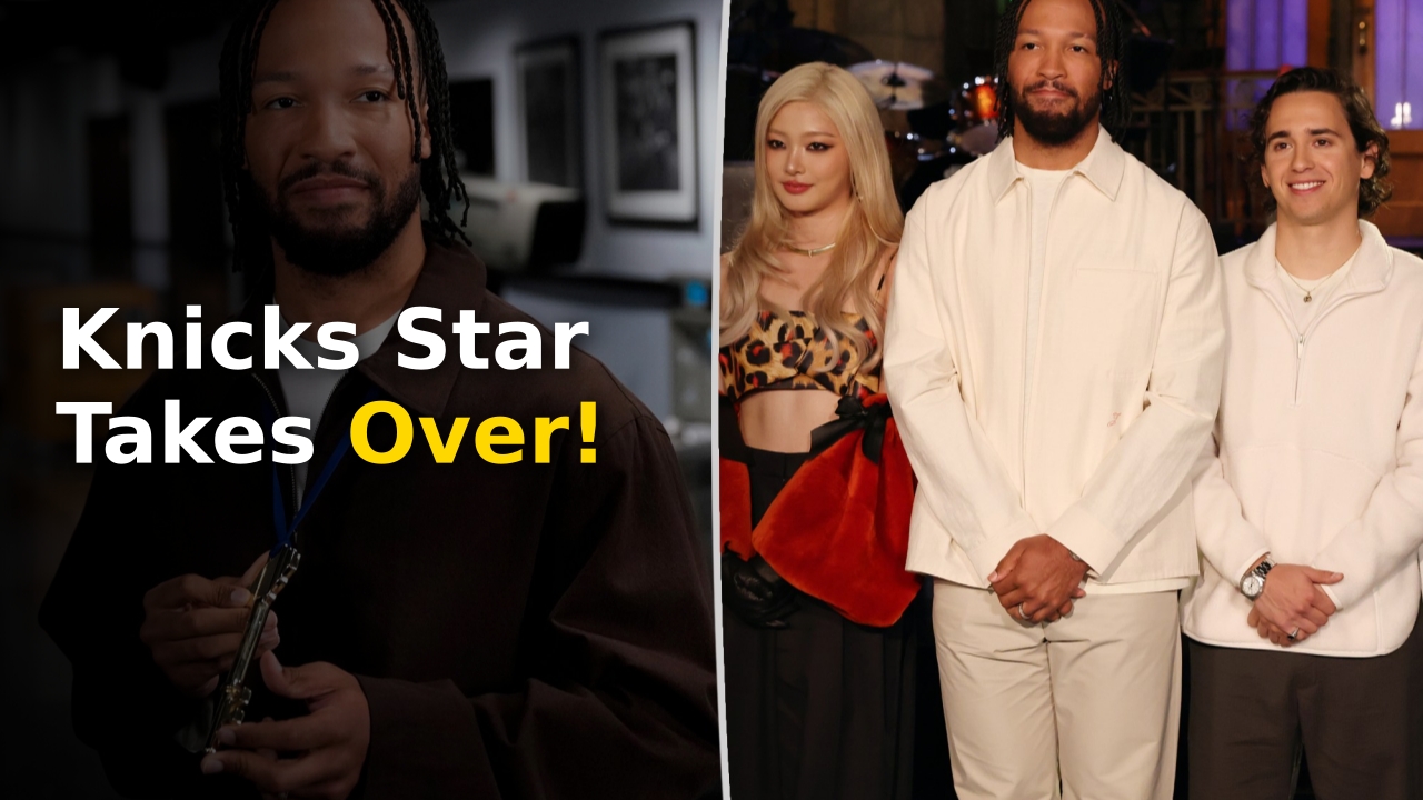 New York Knicks captain Jalen Brunson holding a basketball during the SNL Season 52 premiere promotional photoshoot