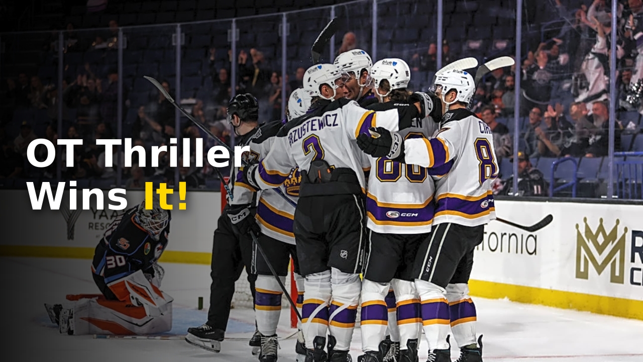 Ontario Reign players celebrating a 4-3 overtime win in the 2026 preseason