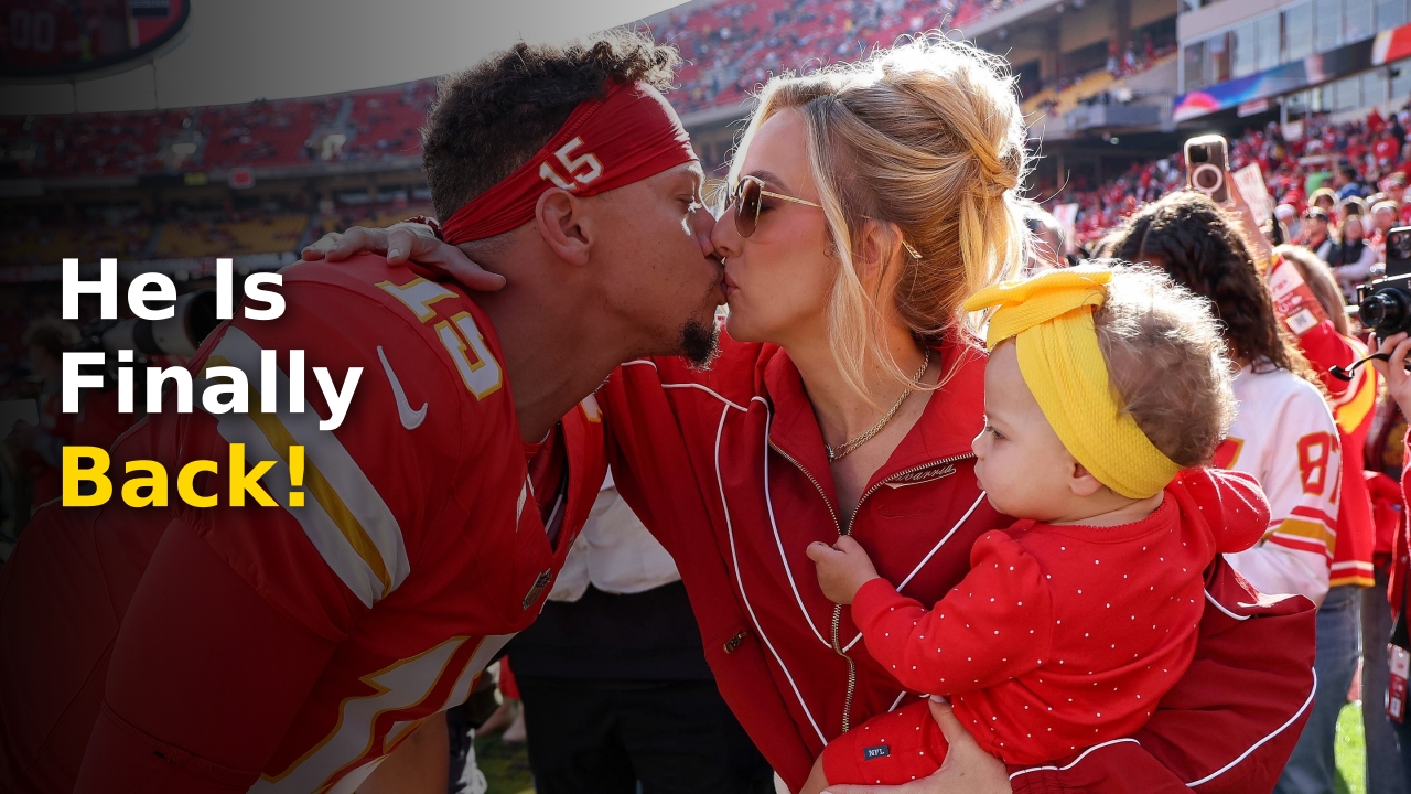 Patrick Mahomes wearing red Kansas City Chiefs jersey looking focused on the sidelines