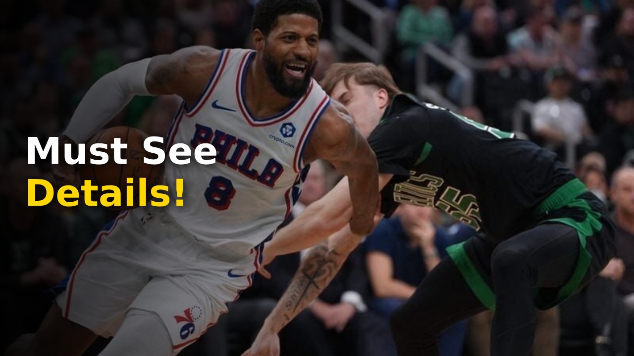 Paul George controlling the ball while wearing the iconic Sixers No 8 jersey during the 2026 postseason