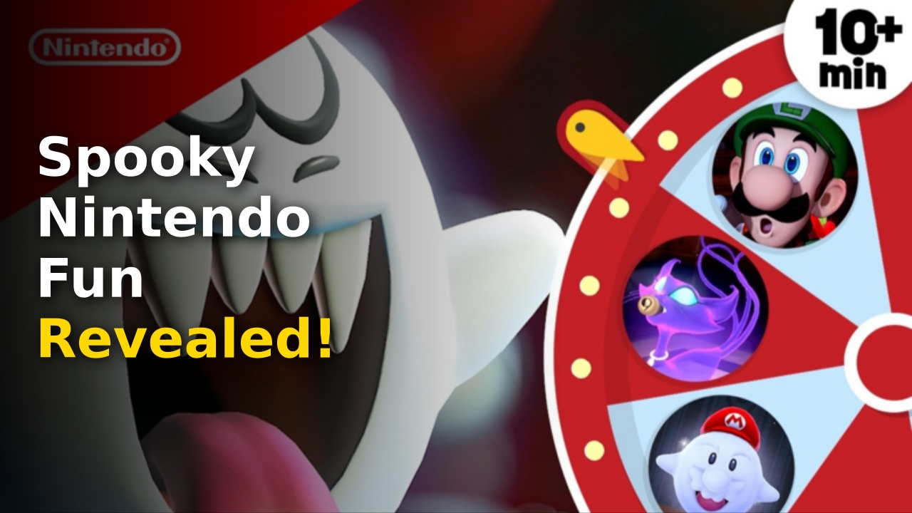 Play Nintendo Halloween graphic featuring Mario and ghost characters