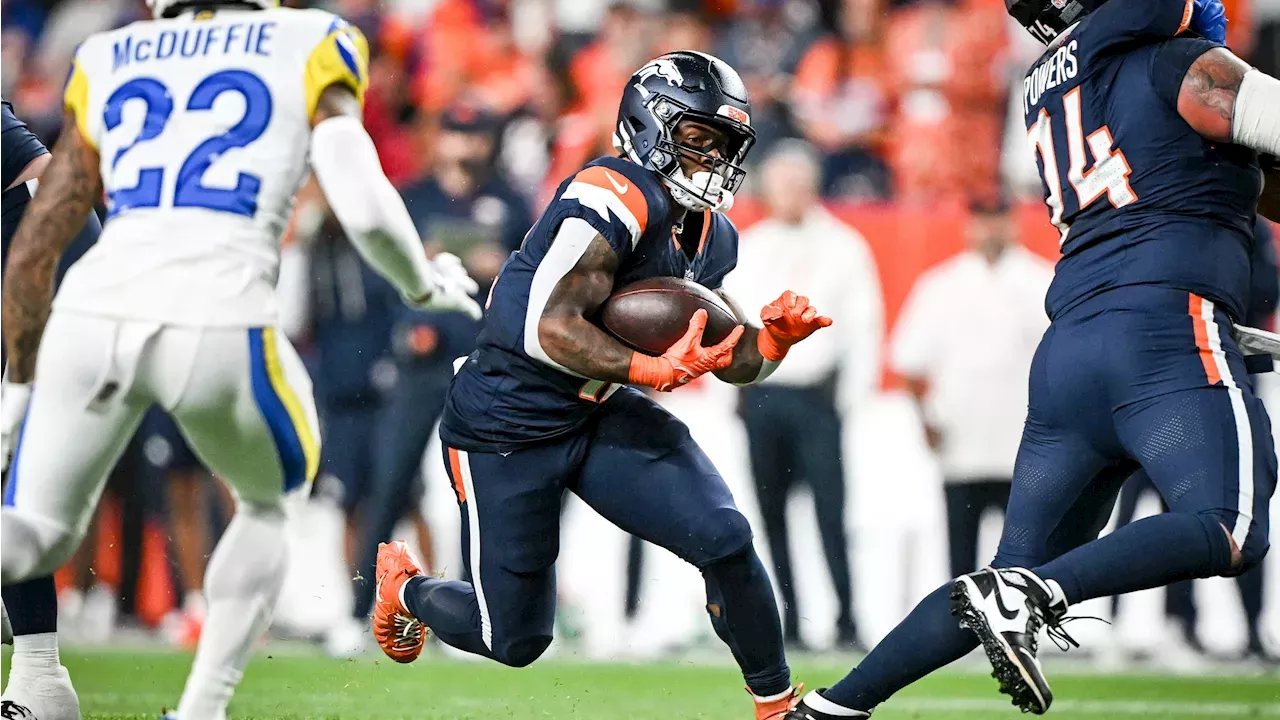 RJ Harvey sprinting for the Denver Broncos during 2026 NFL action