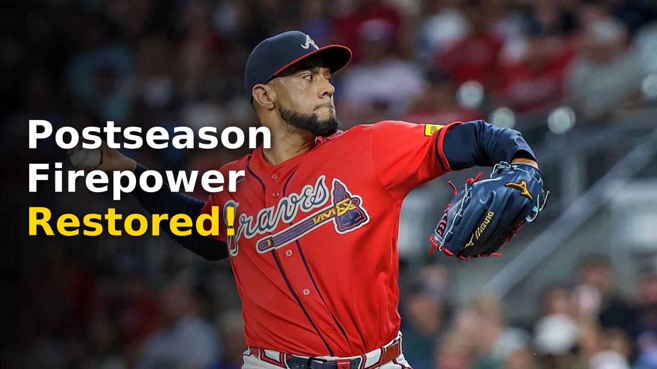 Robert Suarez celebrating on the mound after a dominant scoreless inning for the Atlanta Braves