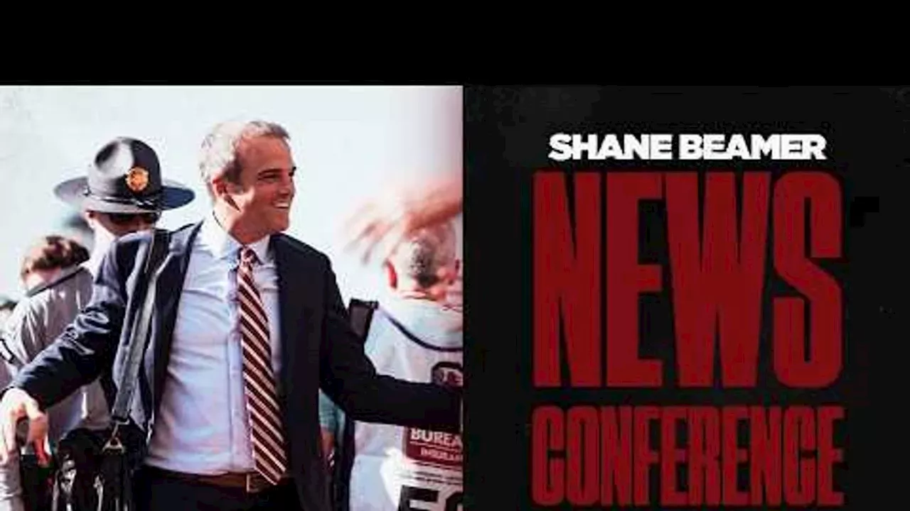 Shane Beamer speaking at a press conference about the South Carolina Alabama matchup 2026