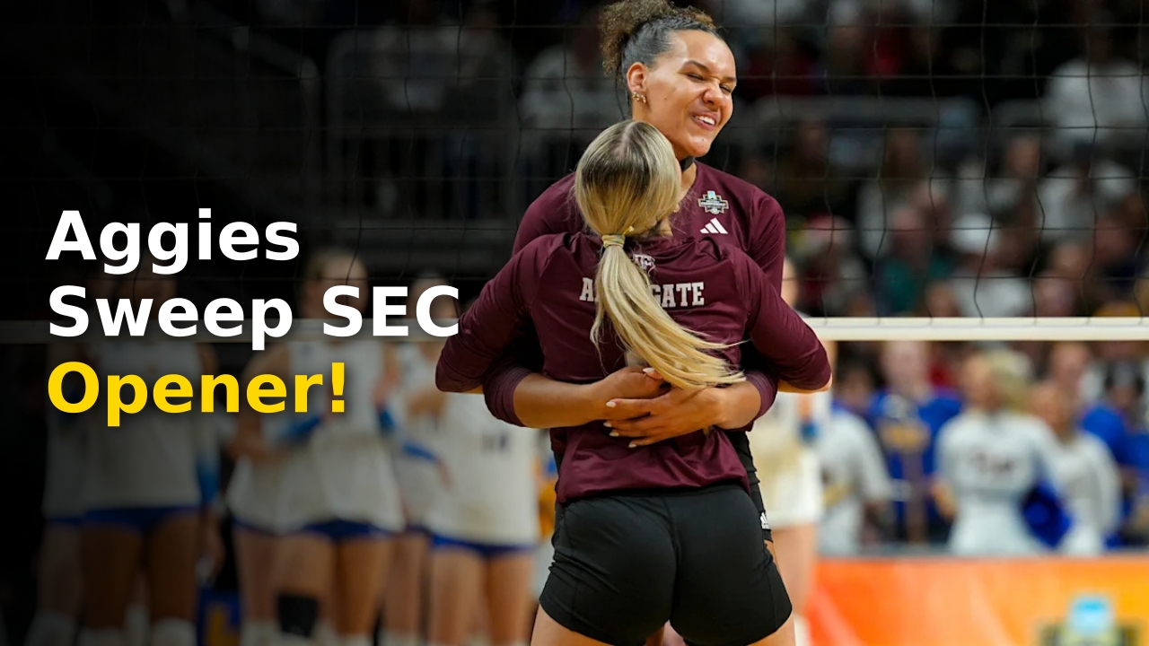 Texas A&M volleyball players celebrating a win at Reed Arena
