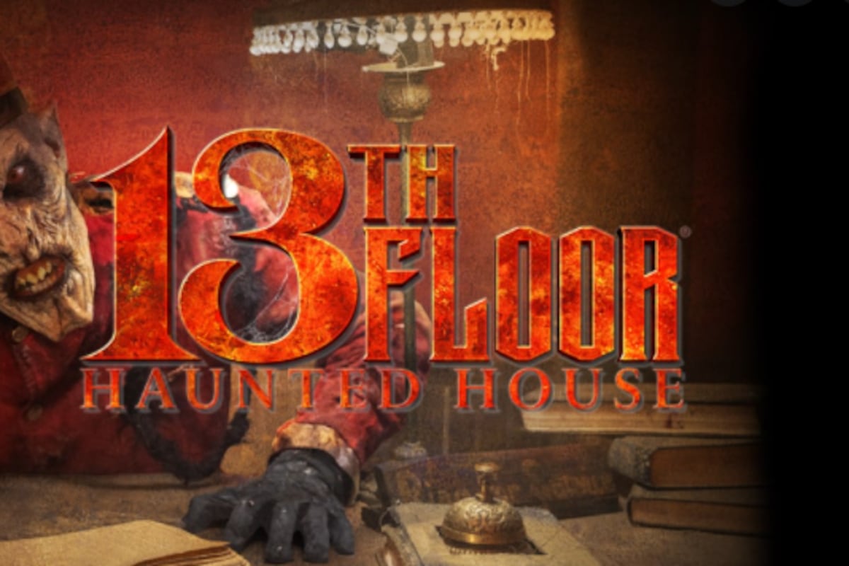 The exterior entrance of the 13th Floor Haunted House ready for the Halloween season