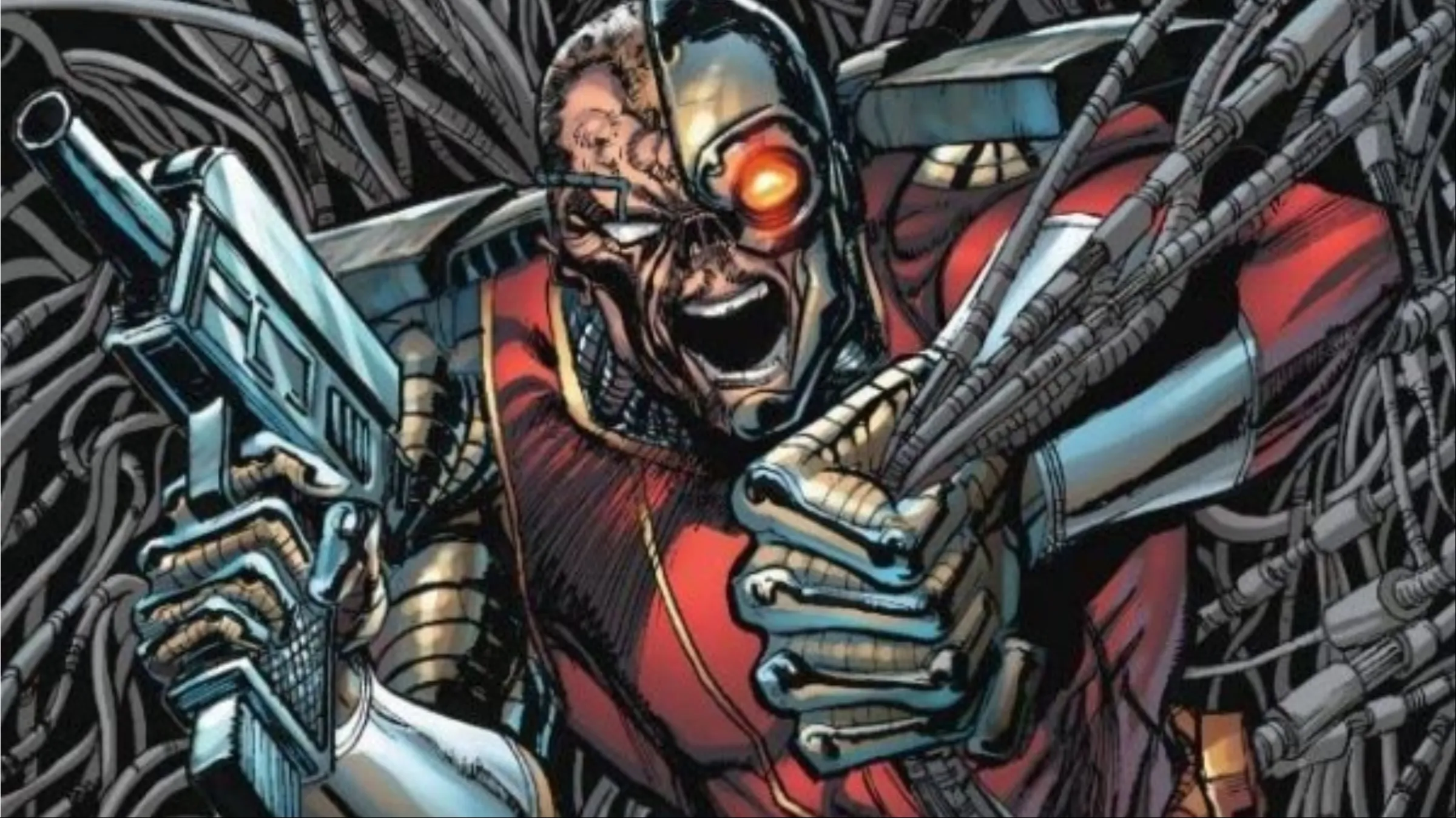 The iconic Marvel Deathlok character looking over a futuristic cityscape in Marvel comics