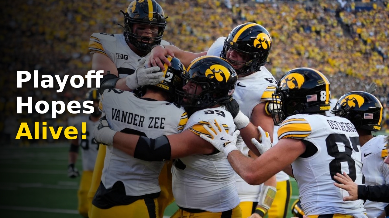 The Iowa college football playoff contender logo displayed during a home game