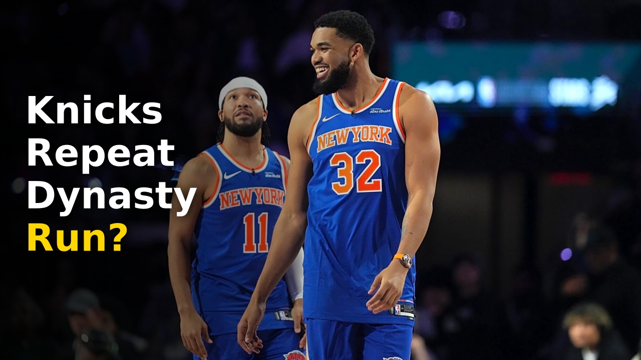 The New York Knicks starting lineup walking onto the court to defend their 2026 NBA title