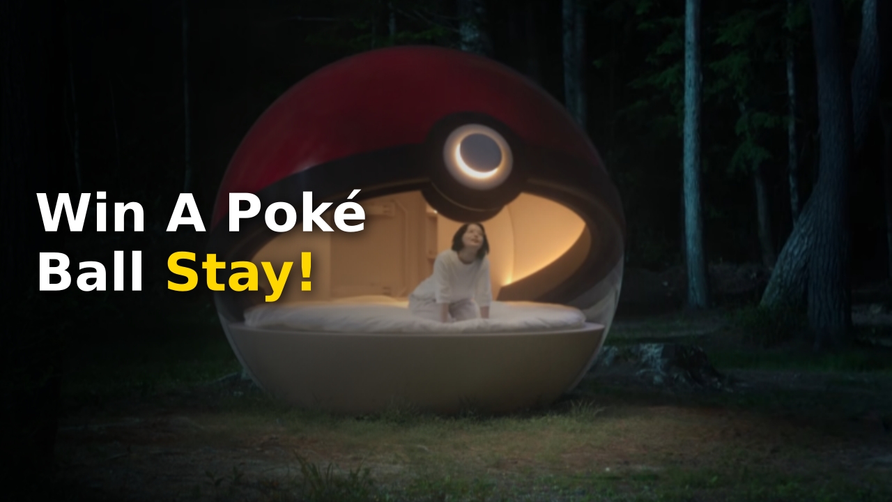 The official Pokémon stay sweepstakes promotional art featuring a Poké Ball hotel room