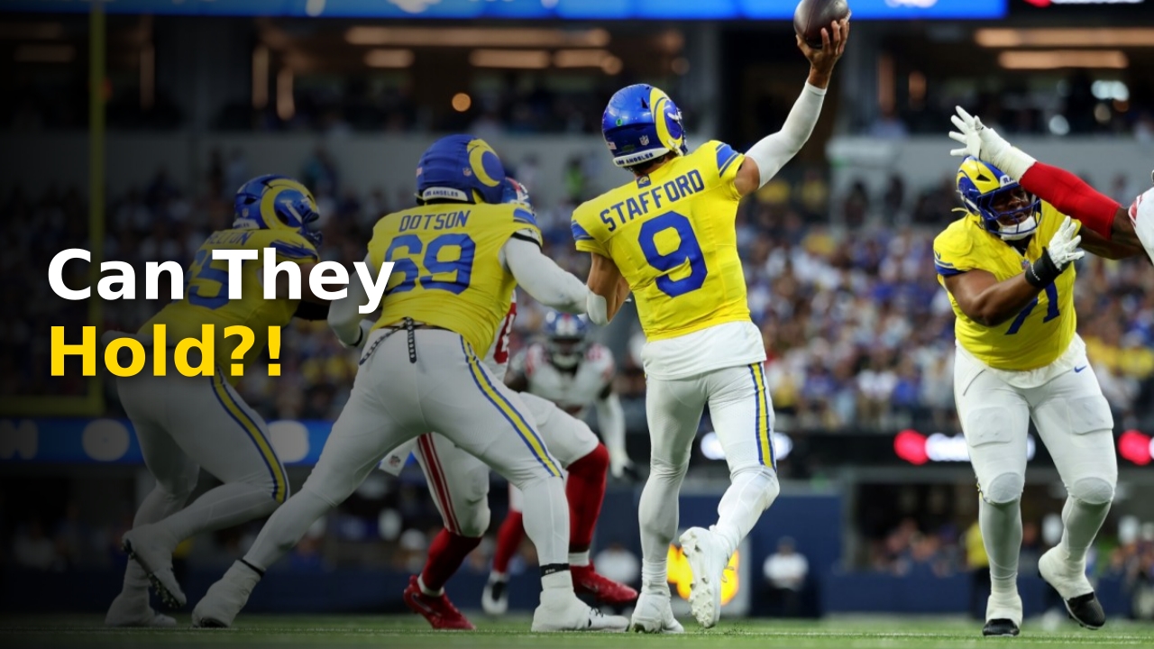 The Rams Offensive Line preparing to block during a prime-time game in the 2026 season