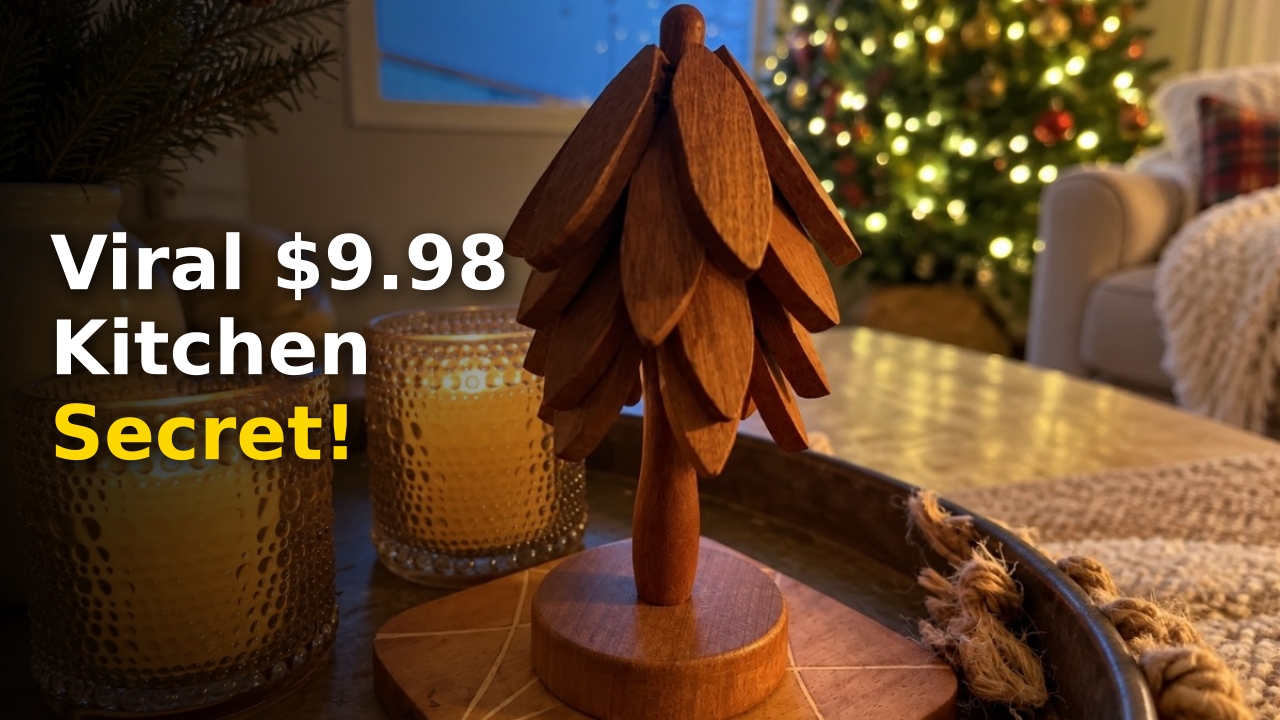 The viral Wooden Coaster Trivet Tree displayed in a festive kitchen setting as a decorative centerpiece
