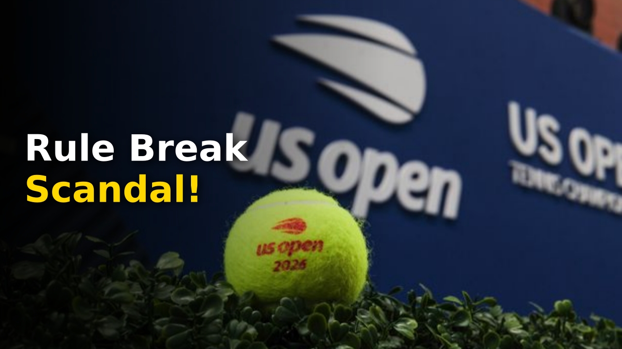 US Open tournament logo with tennis balls on the court surface