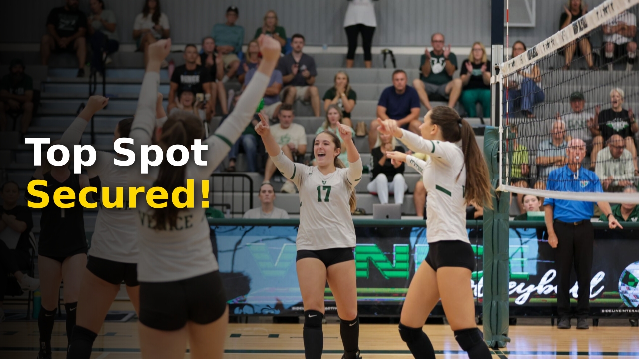Venice High School volleyball team celebrating after a major tournament win