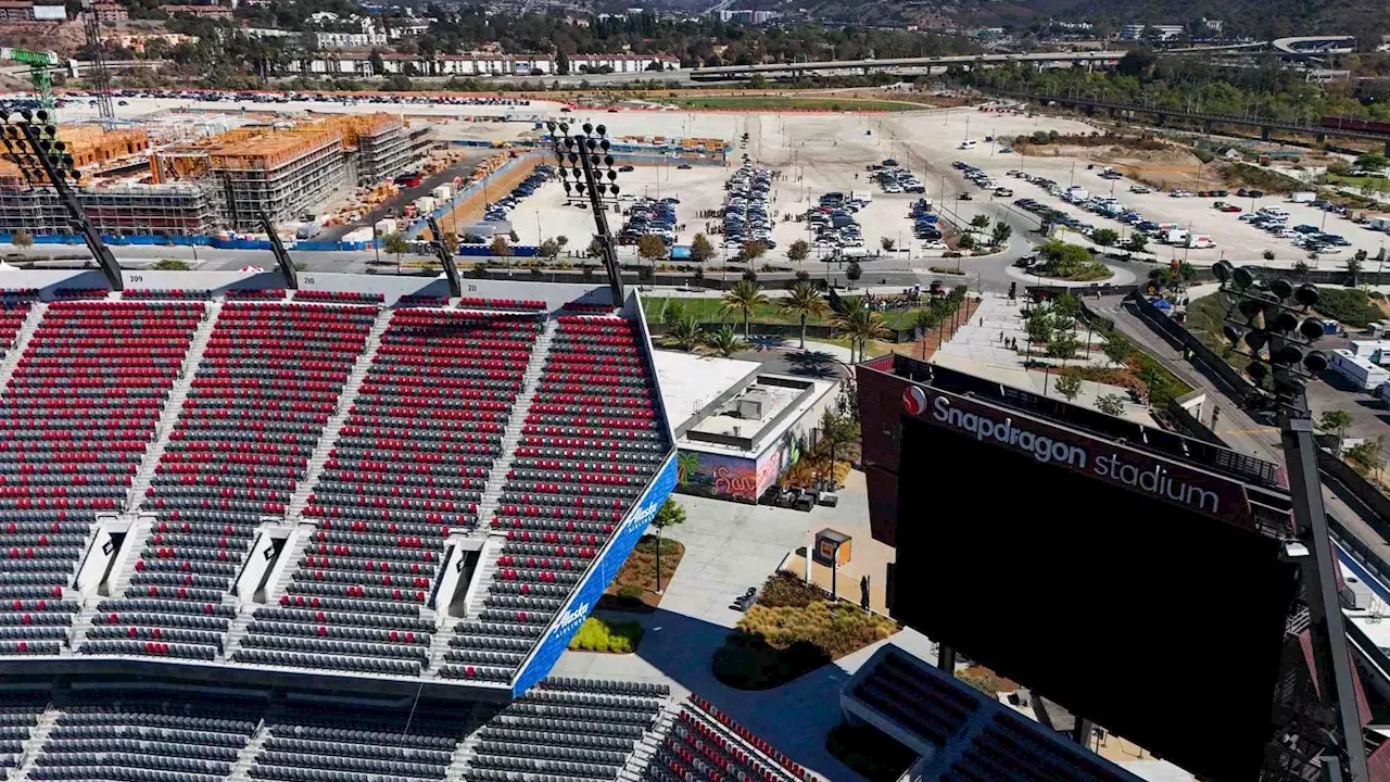 Aerial view of SDSU Mission Valley master development and Snapdragon Stadium