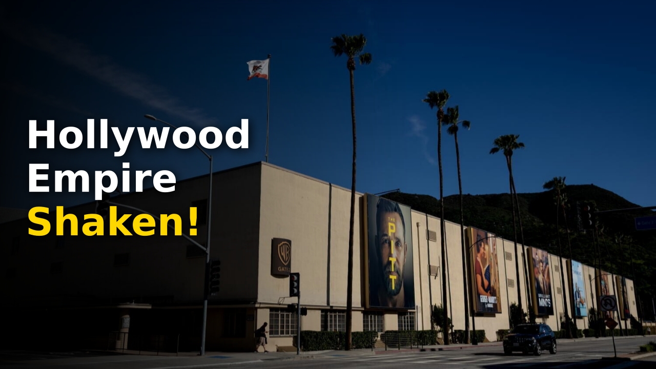 David Ellison announcing the Paramount Warner Bros merger rebrand to Skydance outside studio headquarters