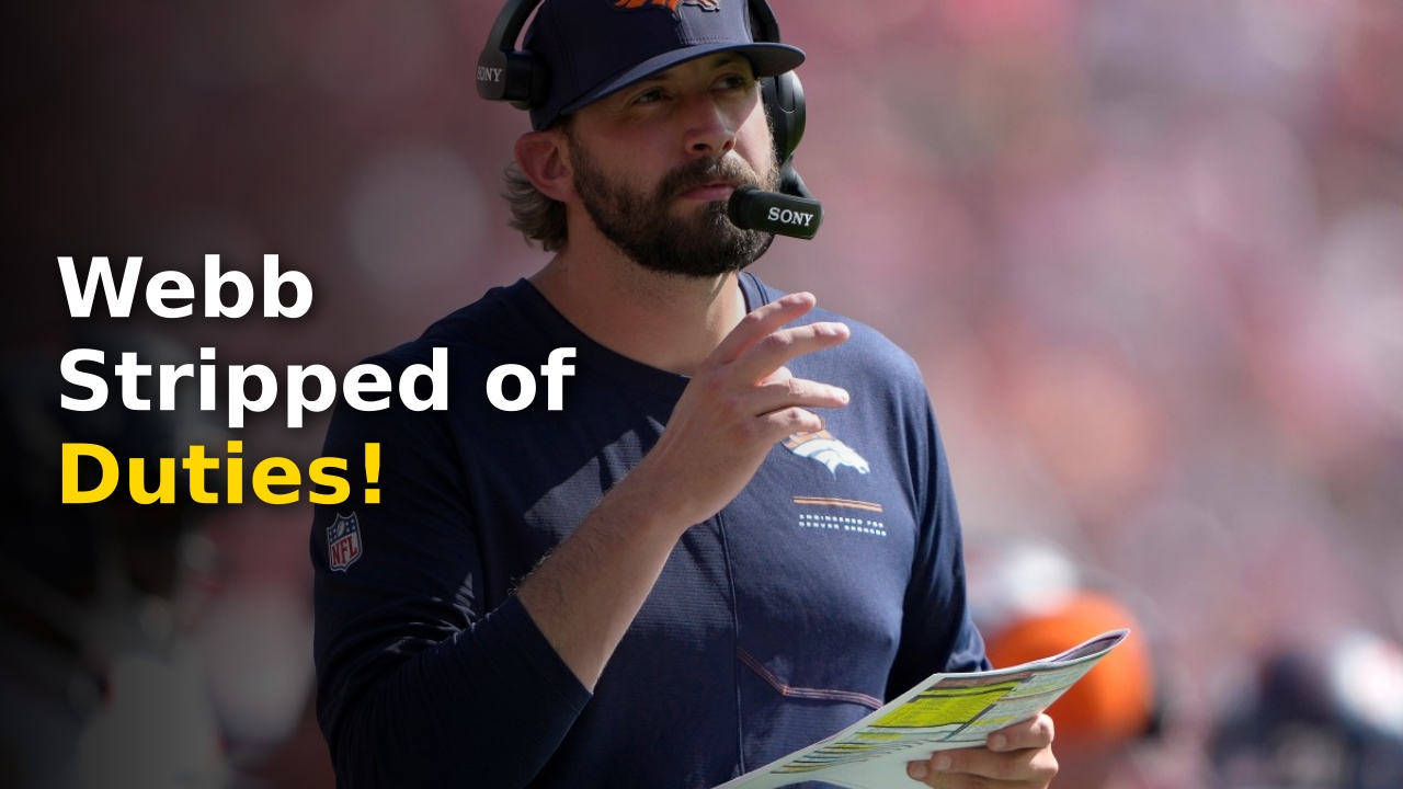 Davis Webb play calling headset on sideline for Denver Broncos 2026 season