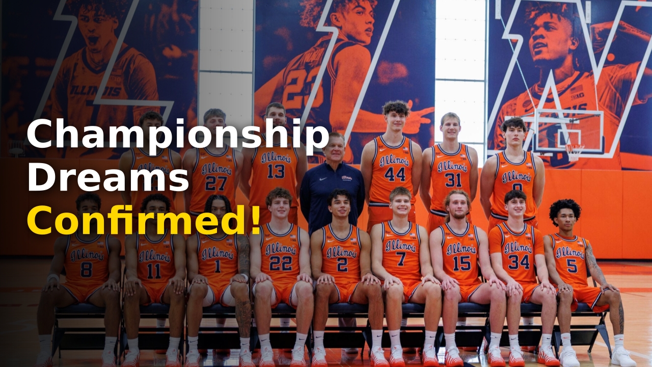 Illinois Basketball 2026 squad celebrating a preseason victory in Champaign