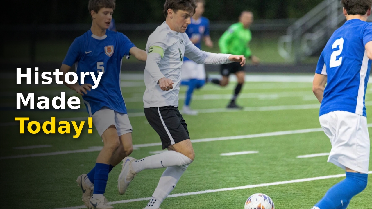 Jake Levering scoring a goal for the Black River soccer team