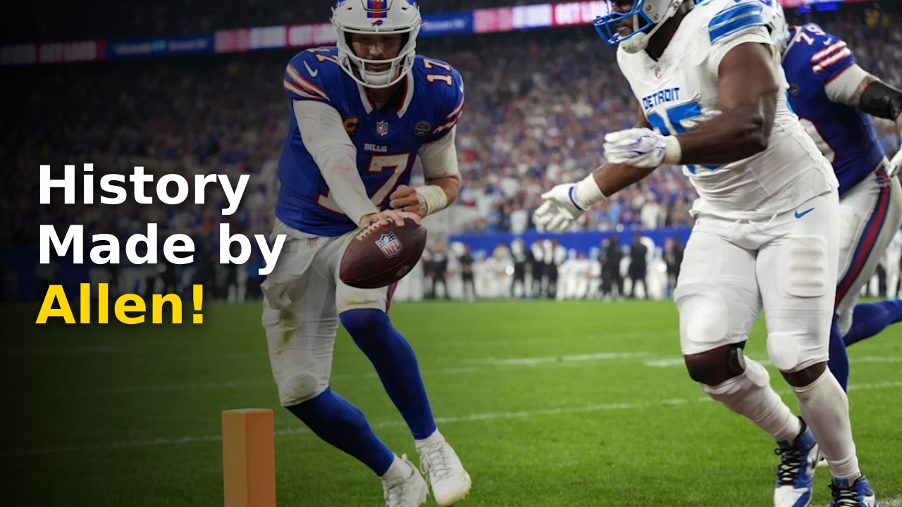 Josh Allen celebrating after breaking the Buffalo Bills touchdown record