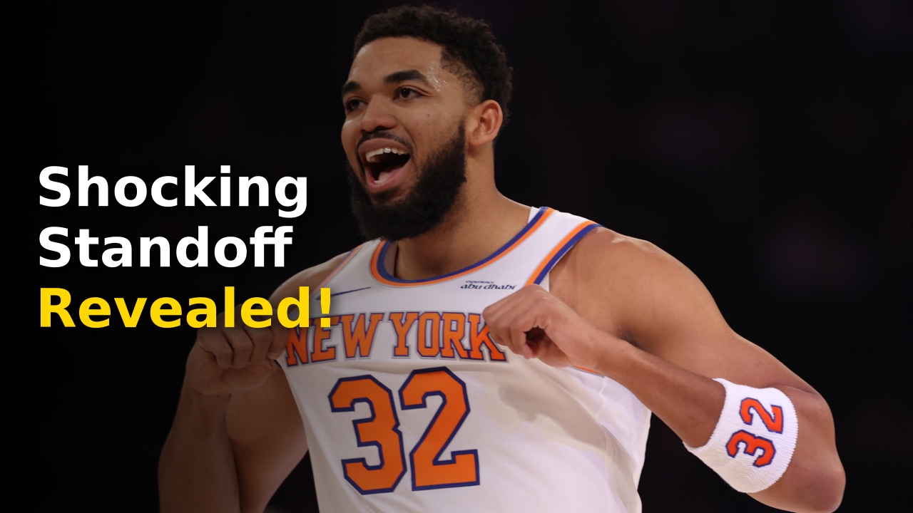 Karl-Anthony Towns wearing a New York Knicks jersey during a press conference
