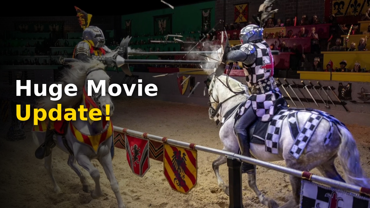 Medieval Times Movie announcement featuring a knight on a horse in front of a castle
