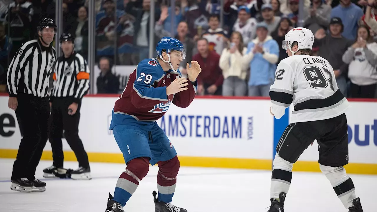 Nathan MacKinnon of the Colorado Avalanche looking intense during a 2026 game