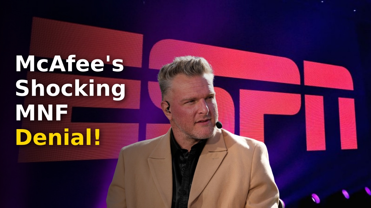 Pat McAfee smiling and pointing during an ESPN broadcast about the Pat McAfee MNF Booth rumors