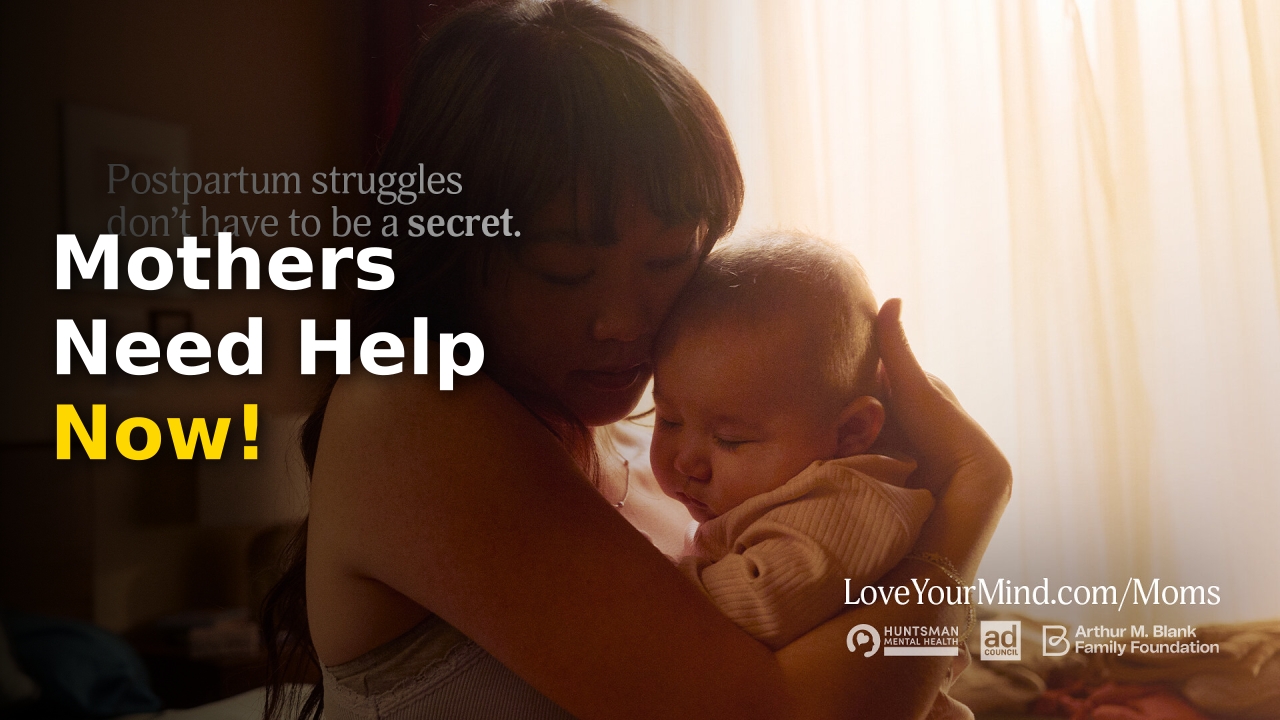 The Ad Council logo alongside maternal mental health campaign resources for new moms