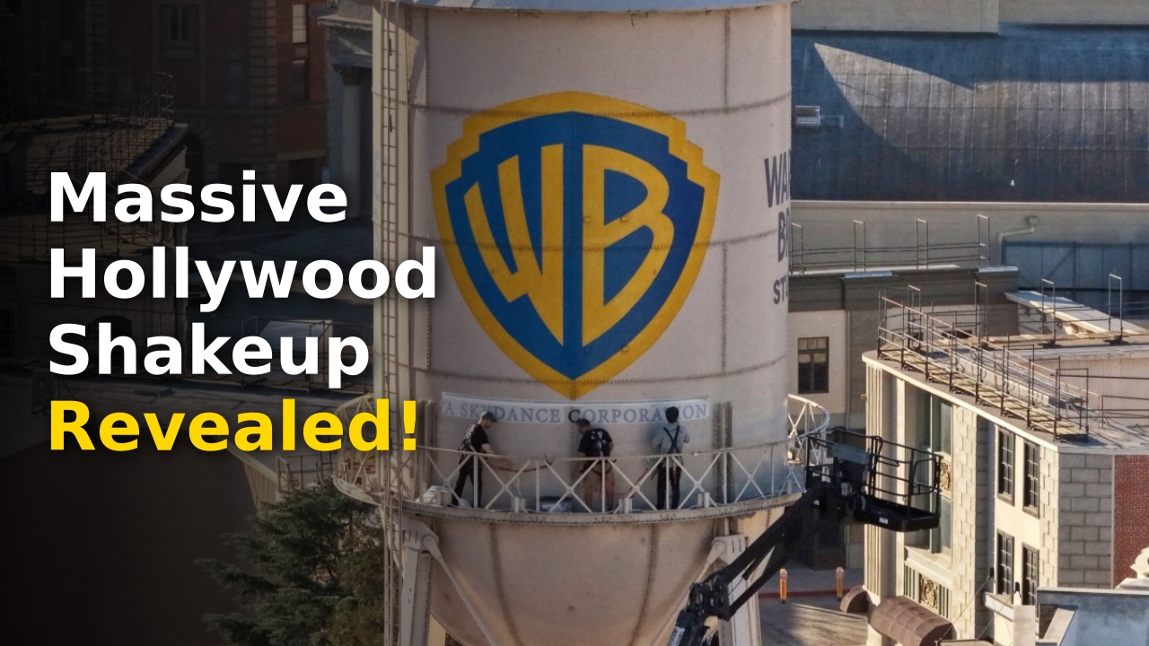 The iconic Warner Bros water tower featuring the new Skydance Corporation logo in 2026