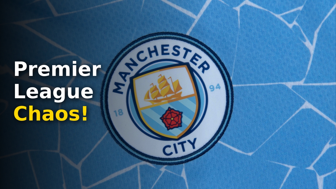 The Manchester City club crest displayed at the Etihad Stadium with headline text about Man City Sanctions