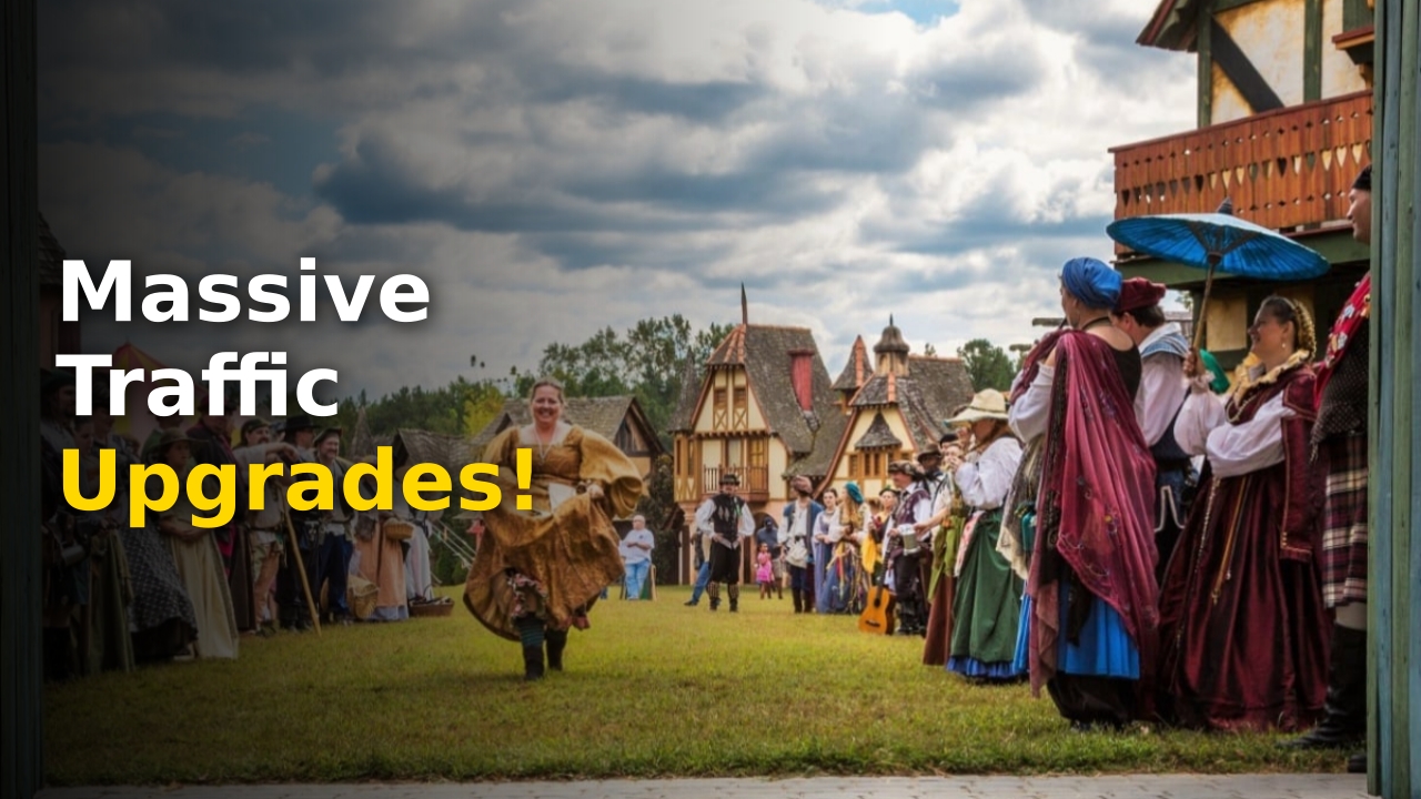 The vibrant entrance to Fairhaven village during the opening weekend of the Carolina Renaissance Festival 2026